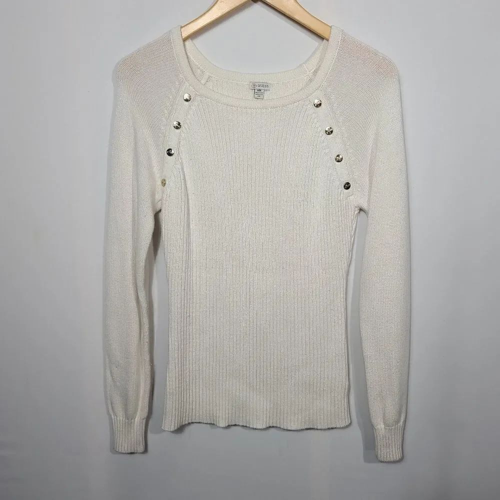 Guess White Sweater With Buttons on Sleeve - Picture 3 of 11